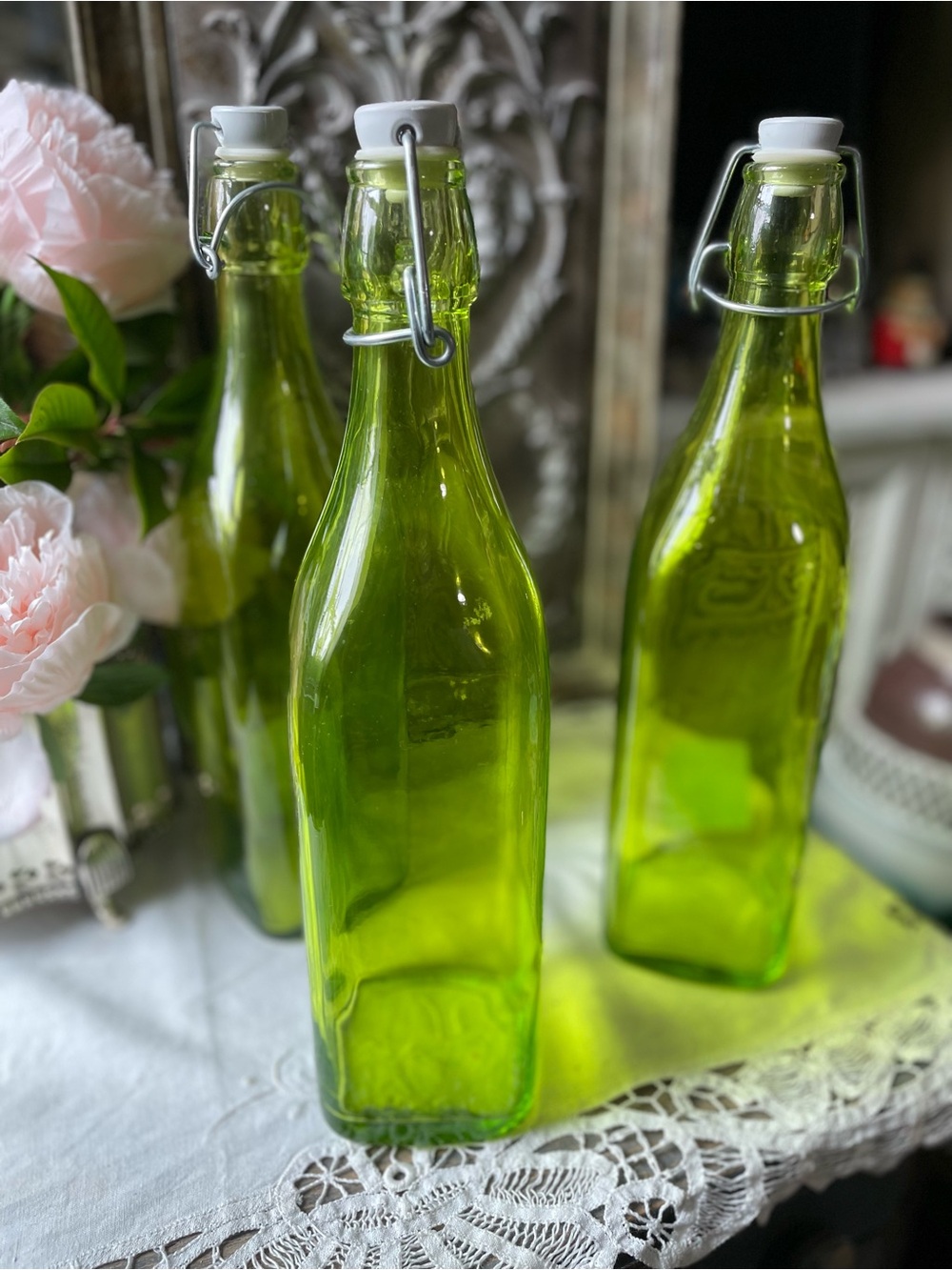 Set of 3 lime green glass bottles